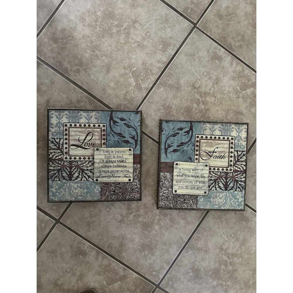 Set of 2 Rustic Faith & Love Wall Art Plaques Teal Brown Patchwork Wood Framed